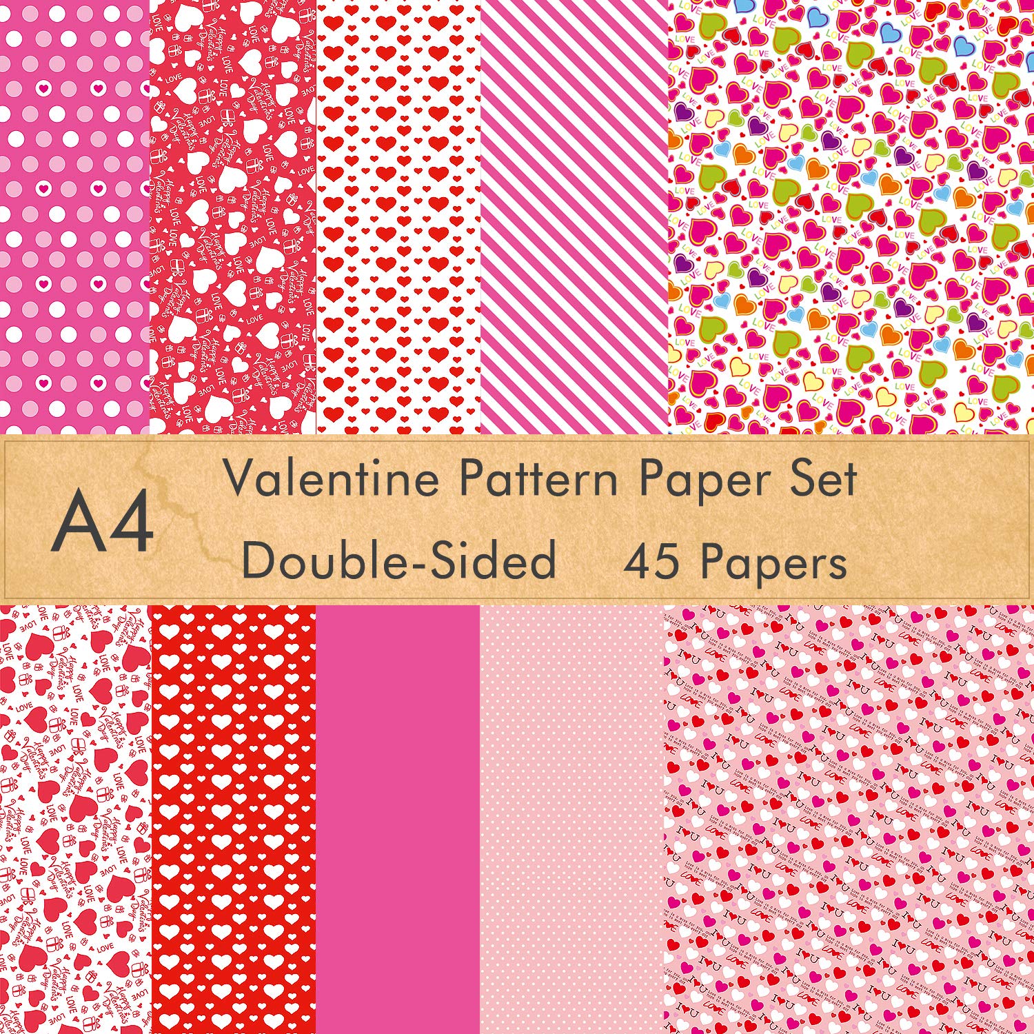 FEPITO 45 Sheets Valentine Pattern Paper Set, 8.27 x 11.22 Inches Decorative Paper for Card Making Scrapbook Decoration Valentine's Day Supplies, 10 Designs
