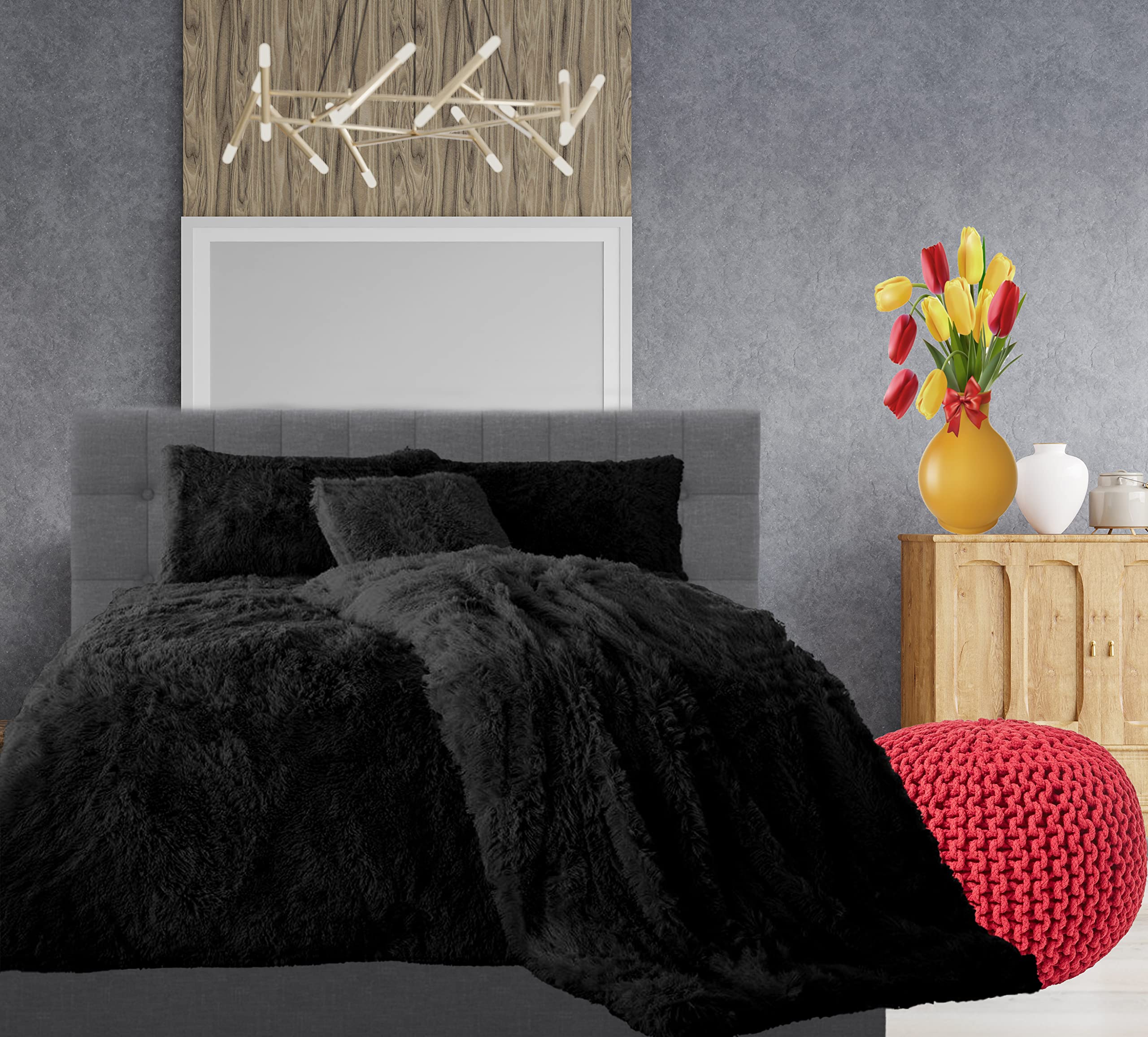 Comfort Collections Teddy Hug & Snug Cuddles Fleece Duvet Quilt Cover Bedding Set With Matching Pillowcase Warm and Cosy Black Bedding Set Single 135cm x 200cm Approximately.