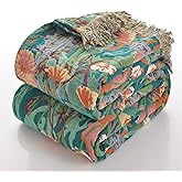 SHUOKUNCO Boho Throw Blanket for Bed 100% Cotton Ultra Soft Rustic Quilt Fall Blanket Bird Floral Printed Farmhouse Decor Bed Blankets,60"×80" All Season Rustic Throw for Sofa Couch Chair