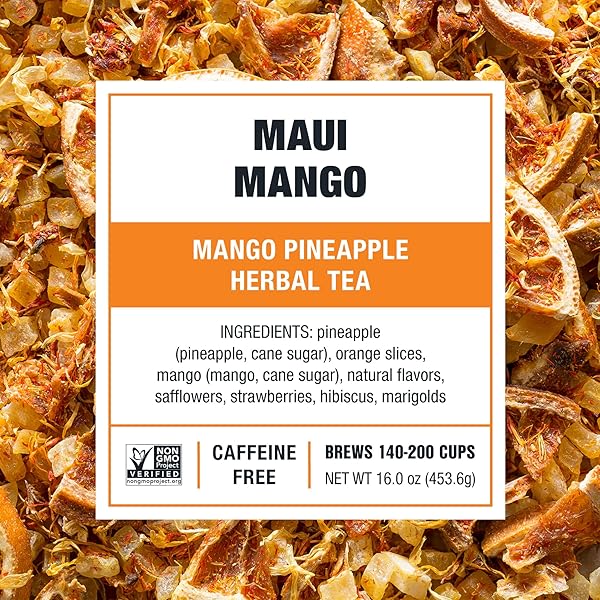 TIESTA TEA MAUI MANGO, LOOSE LEAF, MANGO PINEAPPLE HERBAL TEA, PREMIUM NON-CAFFEINATED FRUIT BLEND, MAKES HOT OR ICED & BREWS UP TO 200 CUPS, 16 OUNCE RESEALABLE BULK POUCH