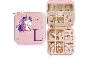 Parima Unicorn Travel Jewelry Box for Girl Women - Small Unicorn Initial Cute Jewelry Case Holder Organizer | Personalized Birthday Gift | Teenage Teen Girl Gift Idea | Travel Essential | L