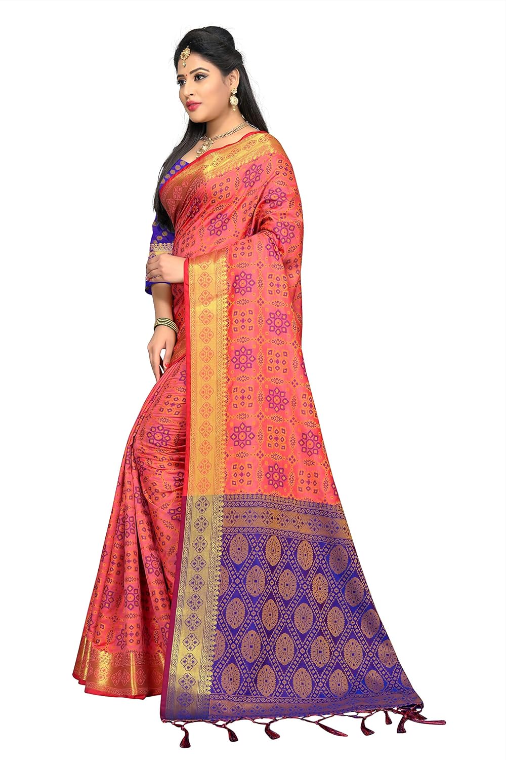 fabrica fab women's pink and blue patola silk saree with blouse piece