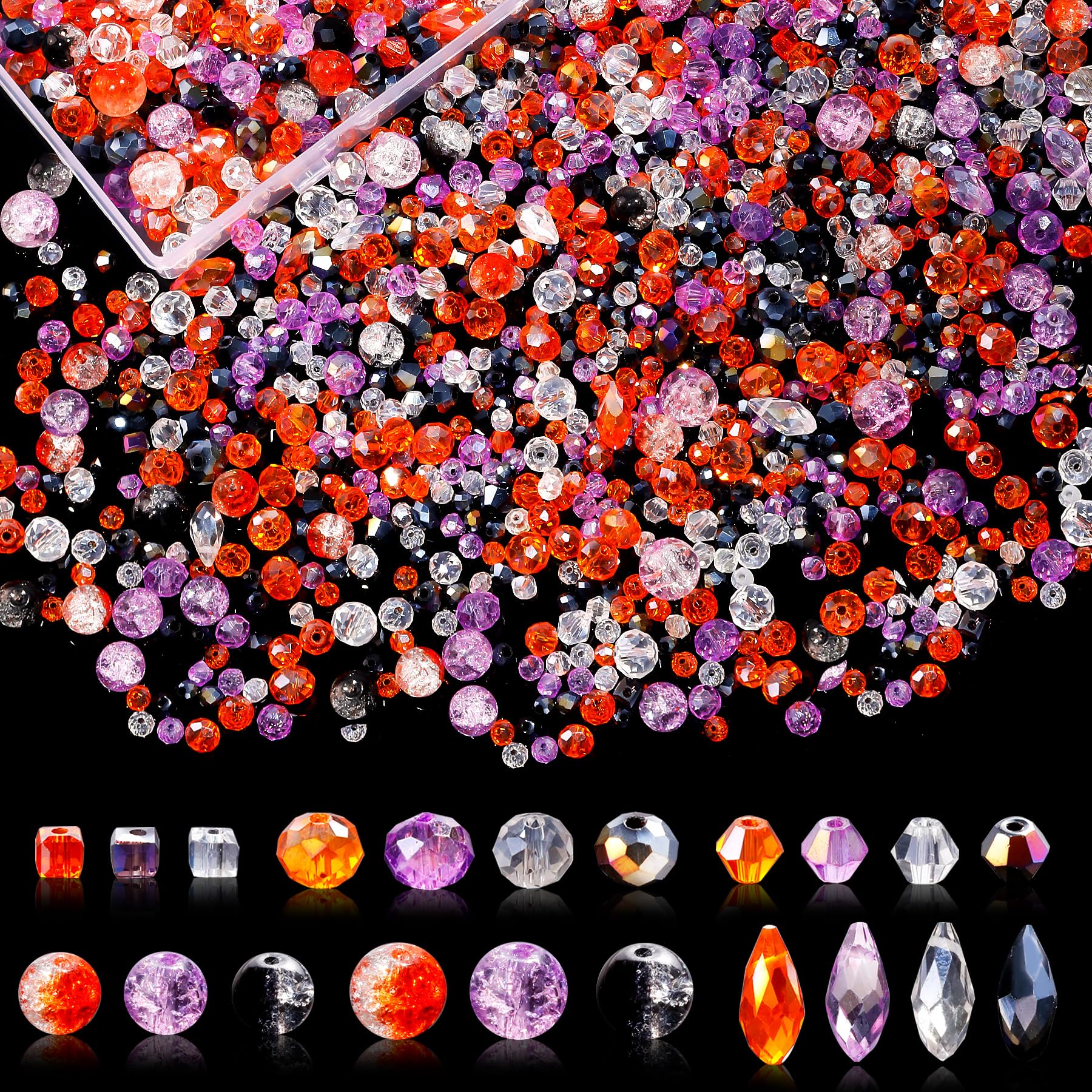 Photo 1 of 1000pcs Halloween Glass Beads for Jewelry Making Colorful Rainbow Craft Crystal Beads Sparkly Beads for DIY Necklace Bracelet Earring Orange & Purple & Black