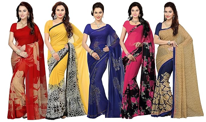Combo of 5 Poly Georgette Multicolor Printed Women Saree