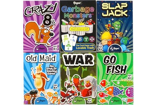 Regal Games Card Games for Kids - Go Fish, Crazy 8's, Old Maid, Slap Jack, Garbage Monster, War - Simple & Fun Classic Family Table Games - Games May Vary (6 Set)