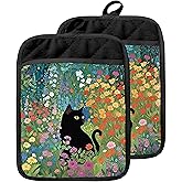 GOOZHO Abstract Wildflower Black Cat Pot Holders with Pockets, Cottagecore Kitchen Decor, Whimsical Floral Cat Oven Pot Holders Heat Resistant Oven Mitts Hot Pads for Kitchen Baking Cooking