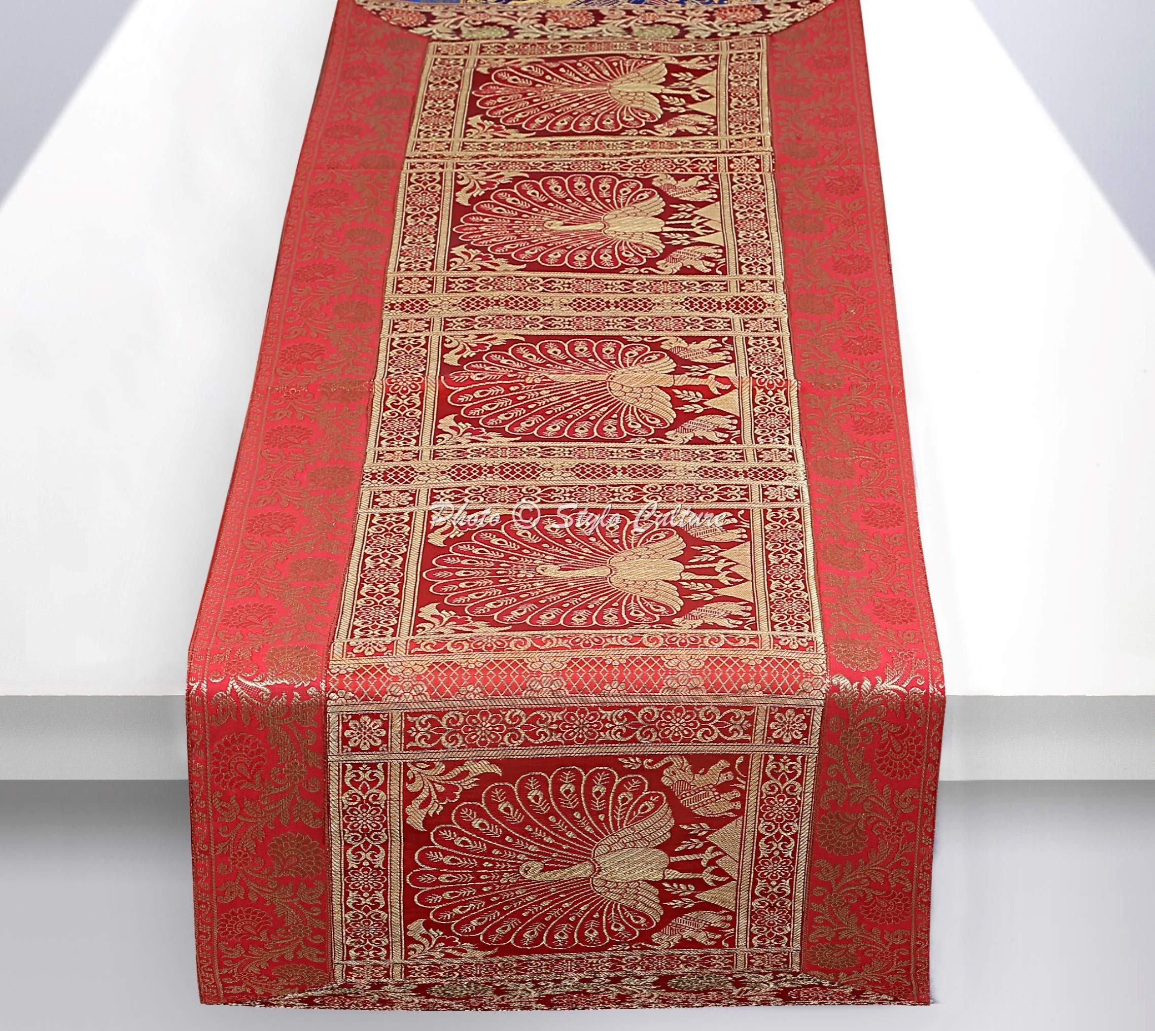 Stylo Culture Bohemian Dining Table Runner Red Gold Dancing Peacock Floral Brocade Jacquard Rectangle Home Decor Indian Coffee Table Cloth | 60x16 Inches ( 152 x 40 cm)
