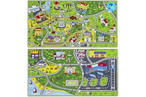 Booooom Jackson 2 Pack Car Rug,Non Slip Train Track Car Mat,Durable Road Play Area Kids Rug,Vibrant Kids Carpet for Playroom,Bedroom,Easy Store and Clean