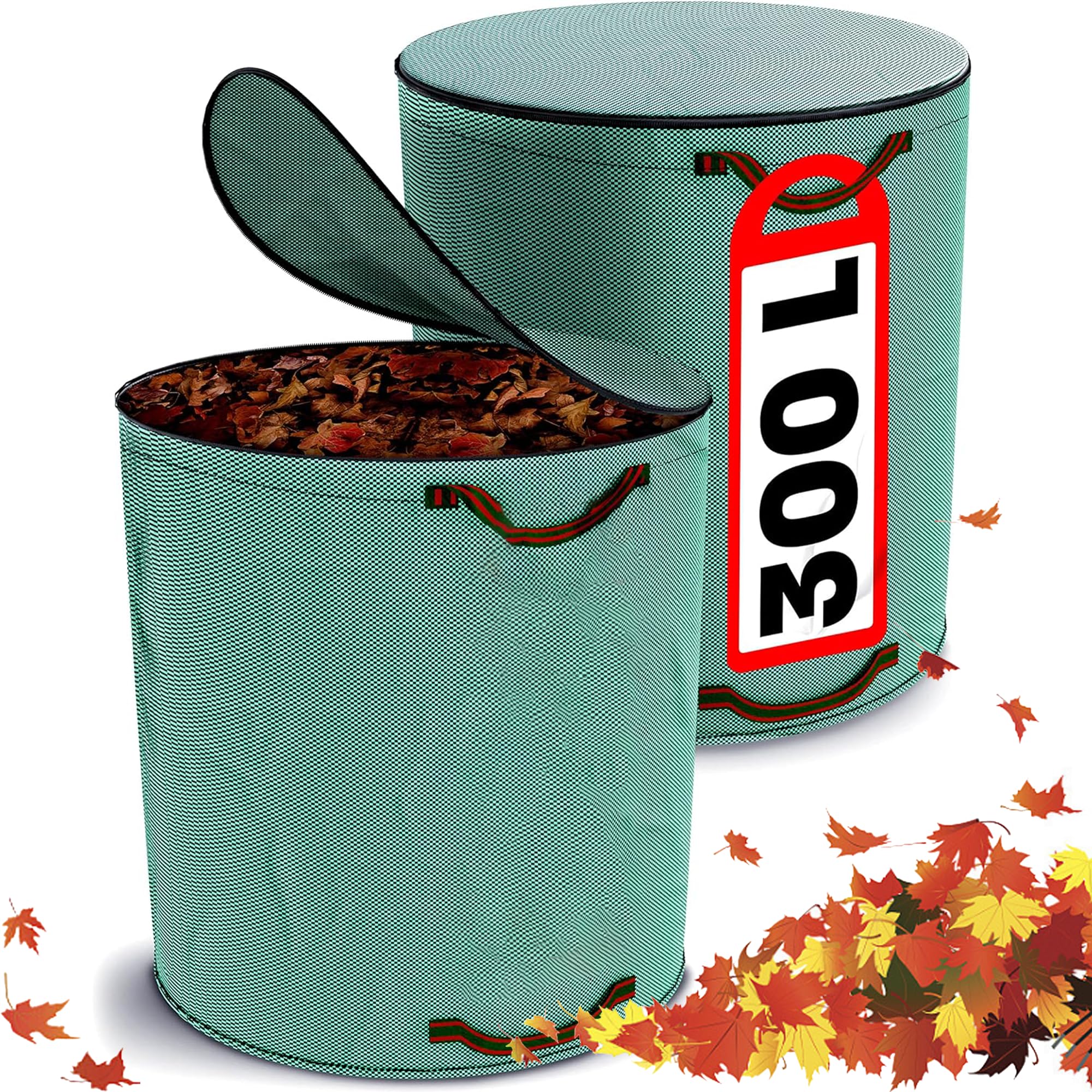 XFLYP 2PCS Garden Waste Bags, Heavy Duty Garden Waste Bags with Lid with Zip and Handles, Reusable Outdoor Trash Garden Yard Trash Bag Foldable Camping Recycling Bags for Leaf, Trash, Debris(300L)