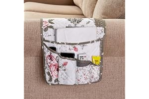 Brilliant Sunshine Rose and Toile Patchwork Couch Armrest 5 Pockets Organizer, Slip Resistant Armchair Caddy, Washable Remote Controls Holder, Storage for Magazine, Tablet, Phone, 35×13", Rose Grey