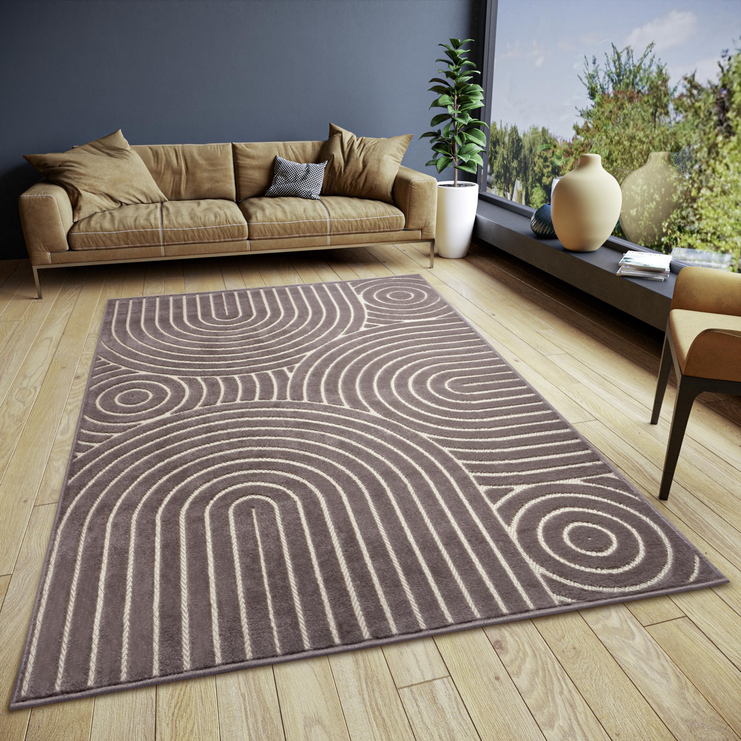 Hanse Home Wave Design Living Room Rug - Flat Weave Modern, Scandinavian Boho Style, Geometric 3D Effect, Living Room Rug for Dining Room, Children's Room, Hallway - Brown, 57 x 90 cm