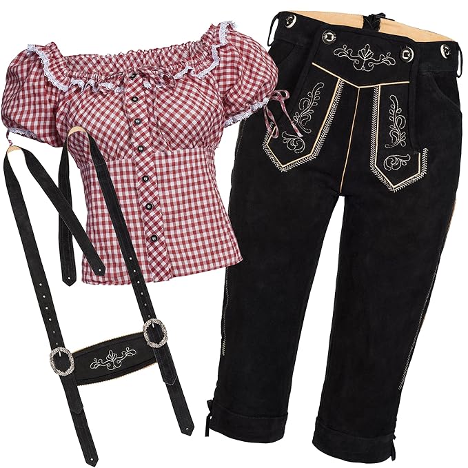 Bongossi-Trade Trachtenset Damen Trachten Lederhose schwarz mit Trachtenbluse