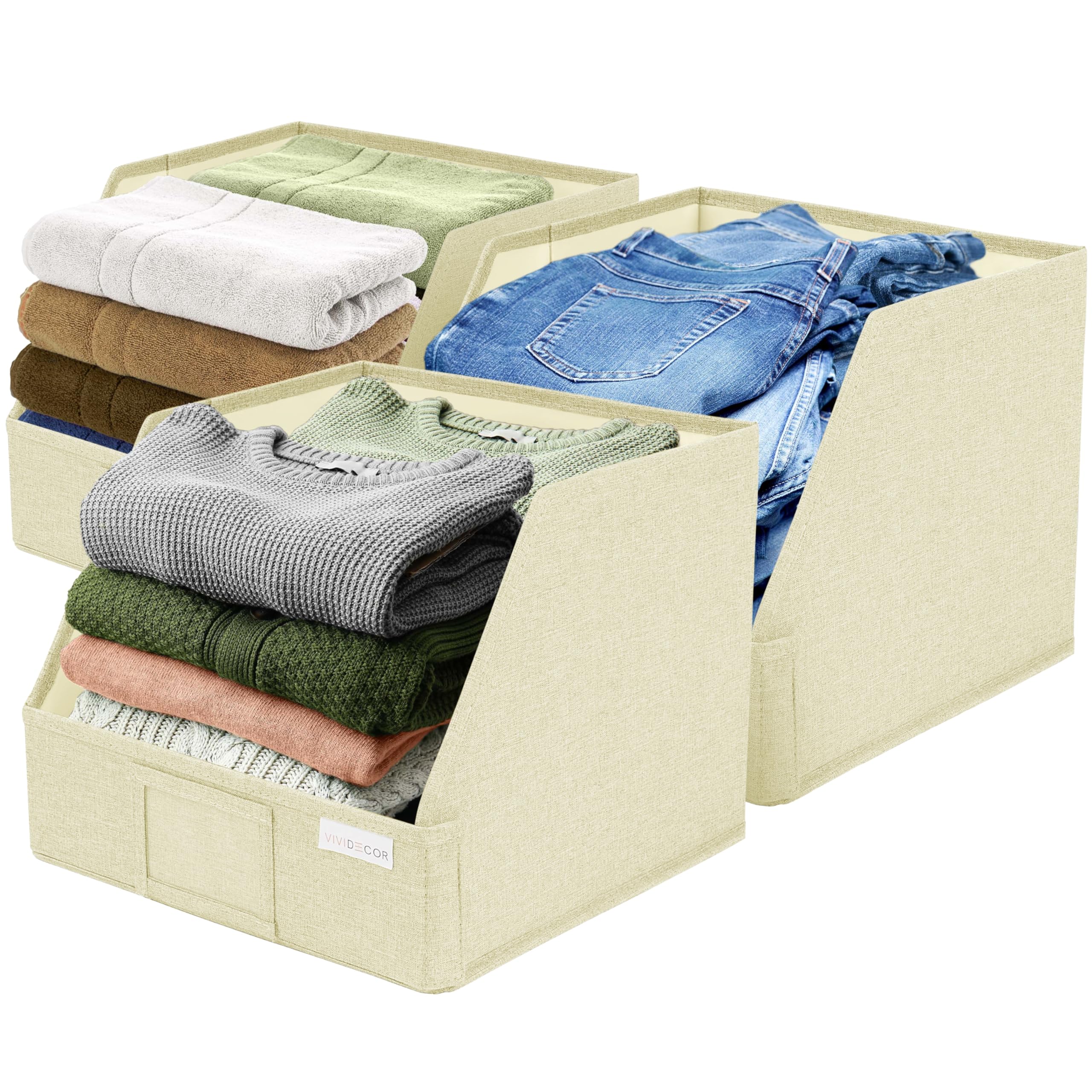 Photo 1 of VIVIDECOR Trapezoid Closet Bins for Shelves – 12x12x10 Fabric Storage Baskets, Collapsible Organizer Boxes for Linen, Baby Clothes, Seasonal Storage – Light Beige, 3 Pack