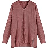ZAFUL Women's Oversized Sweaters V Neck Long Sleeve Knit Pullover Batwing Drop Shoulder Split Tops Trendy Fall Outfits 2024