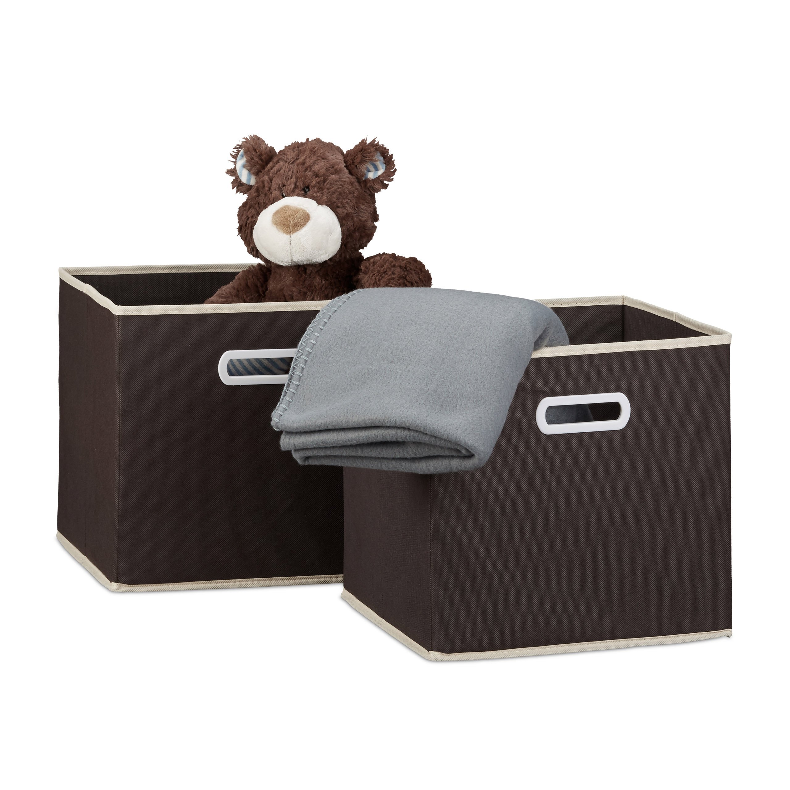 Relaxdays Set of 2 Folding Boxes, Square, Size: 30 x 30 x 30 cm, Storage Basket, Shelf Organiser, Brown, Fleece