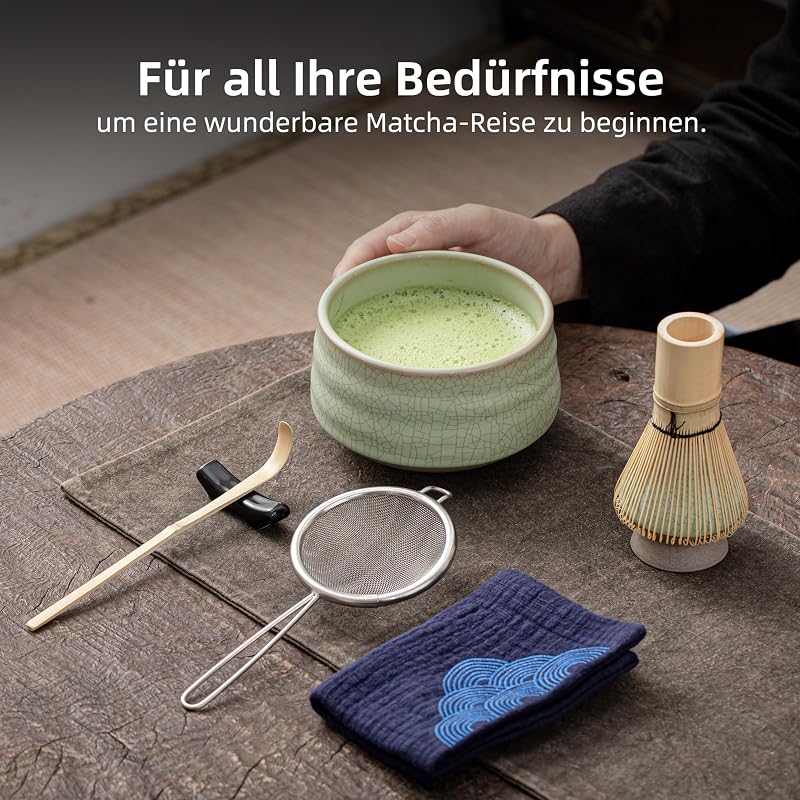Matcha Set, 7-teilig mit Keramikschale & Bambusbesen, Hellgrün