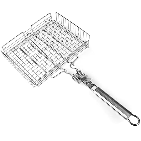 Rustler Grillkorb aus rostfreiem, hitzebeständigem Edelstahl mit abnehmbaren Griff | faltbares Design, großzügige Kochfläche,
