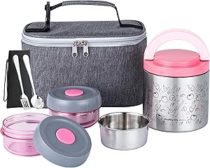 Lille Home Lunch Box Set, An Vacuum Insulated Bento/Snack Box Keeping Food Warm for 4-6 Hours, Two BPA-Free Food Containers, A Lunch Bag, A Portable Cutlery Set, Smart Diet, Weight Control (Pink)