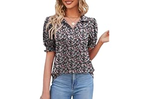 Micoson Womens Short Sleeve Polo T Shirts V Neck Casual Collared Tops Puff Sleeve Work Tunic Blouses