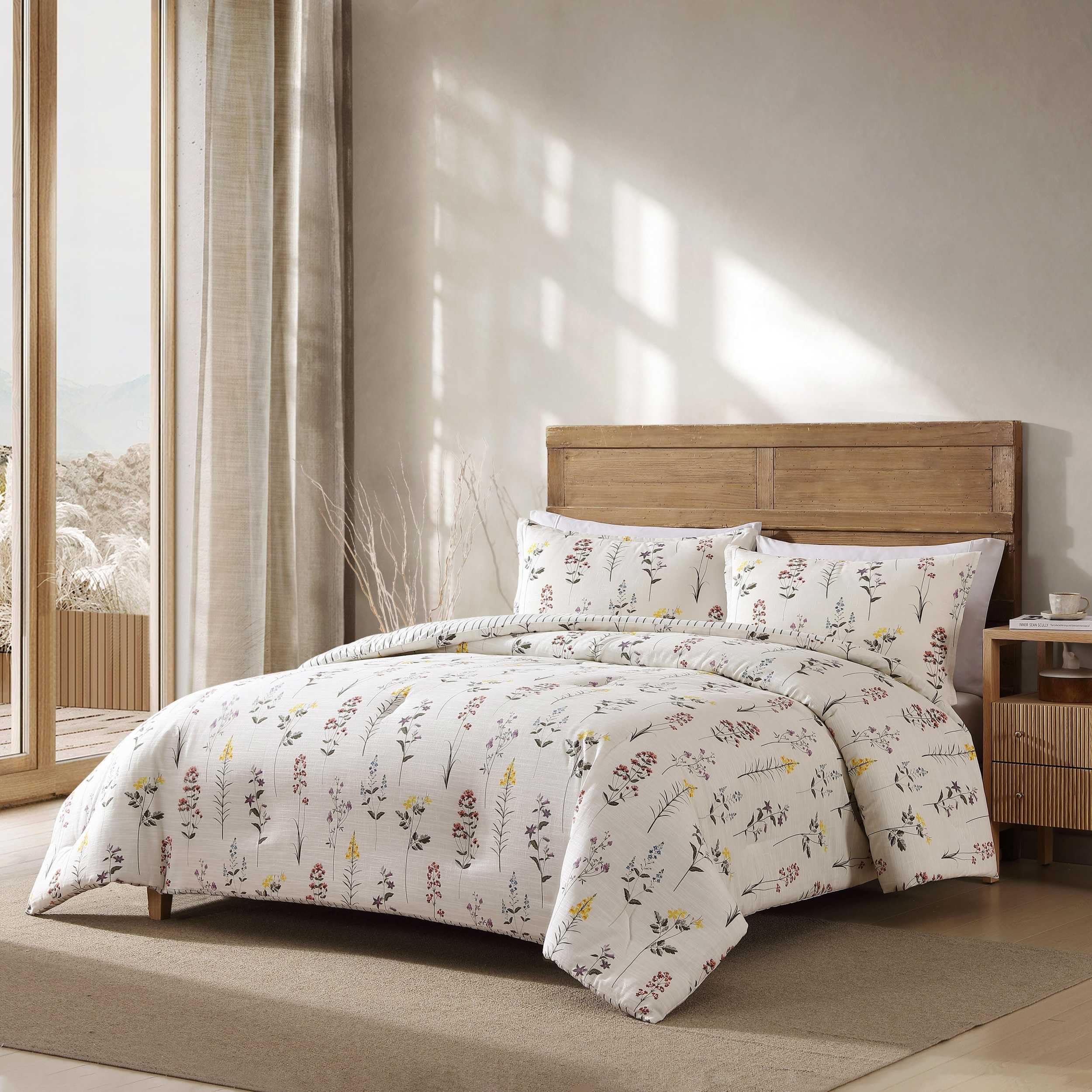 Eddie Bauer – King Comforter Set, Super Soft Reversible Bedding with Matching Sham, Floral & Pinstripe Design (Wildflower Beige, King)