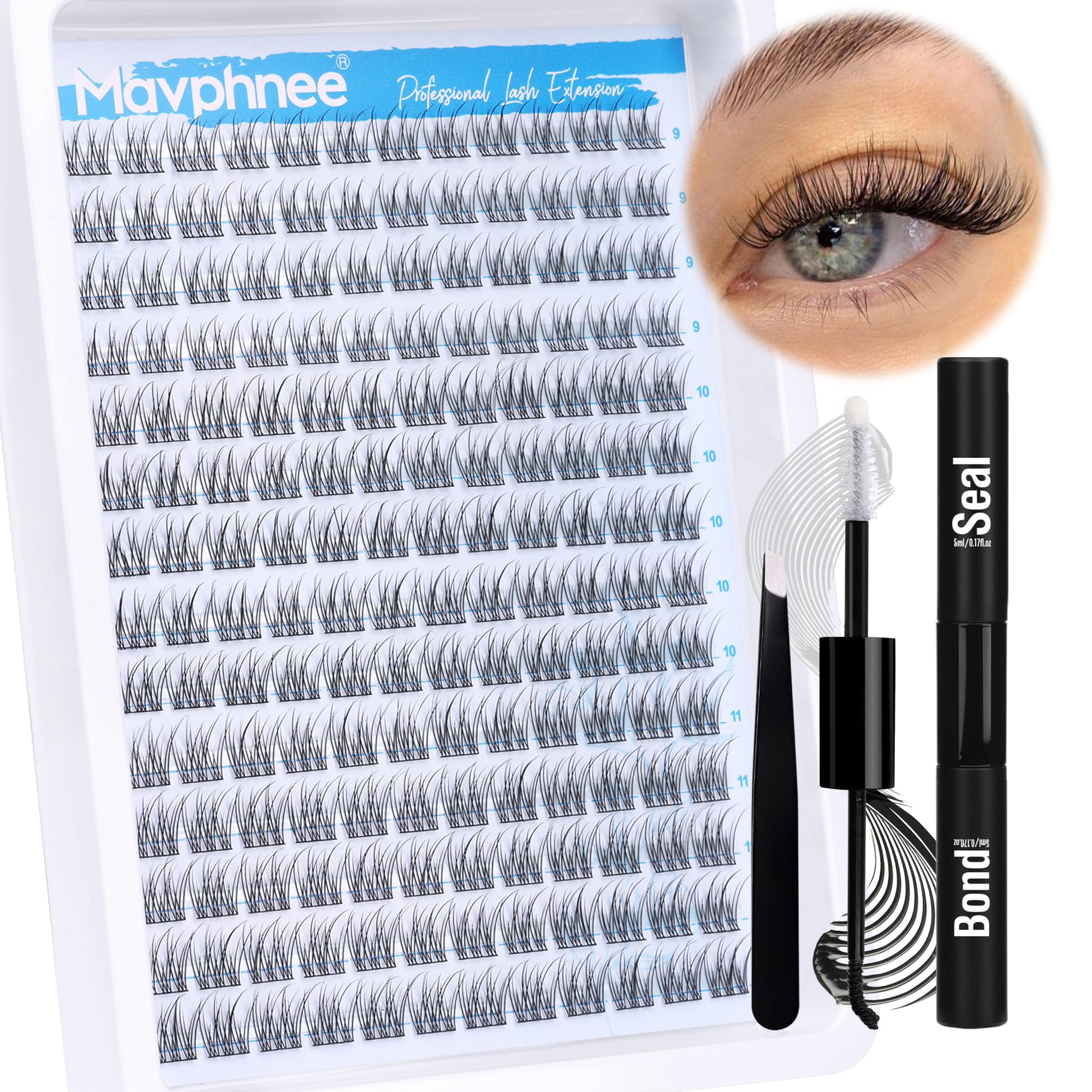 Natural Cluster Lashes Kit 168 Pcs Wispy Lash Extensions CC Curl 9-11MM Mixed Lengths Eyelash Extension Individual Kit with Lashes Bond and Seal and Tweezers DIY at Home by Mavphnee — image 1