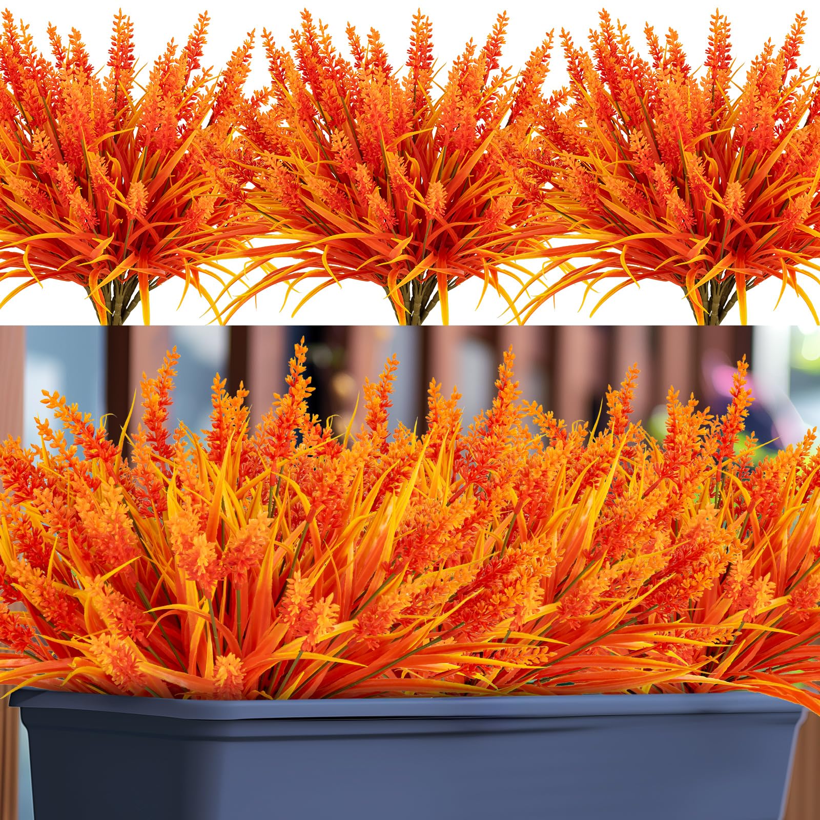 Nigirior Artificial Fall Flowers for Outdoor Plants 24 Bundles Fake Lavender Plastic Faux Monkey Grass for Verandah Window Garden Office Patio Front Porch UV Resistant for Planter(Autumn Red)