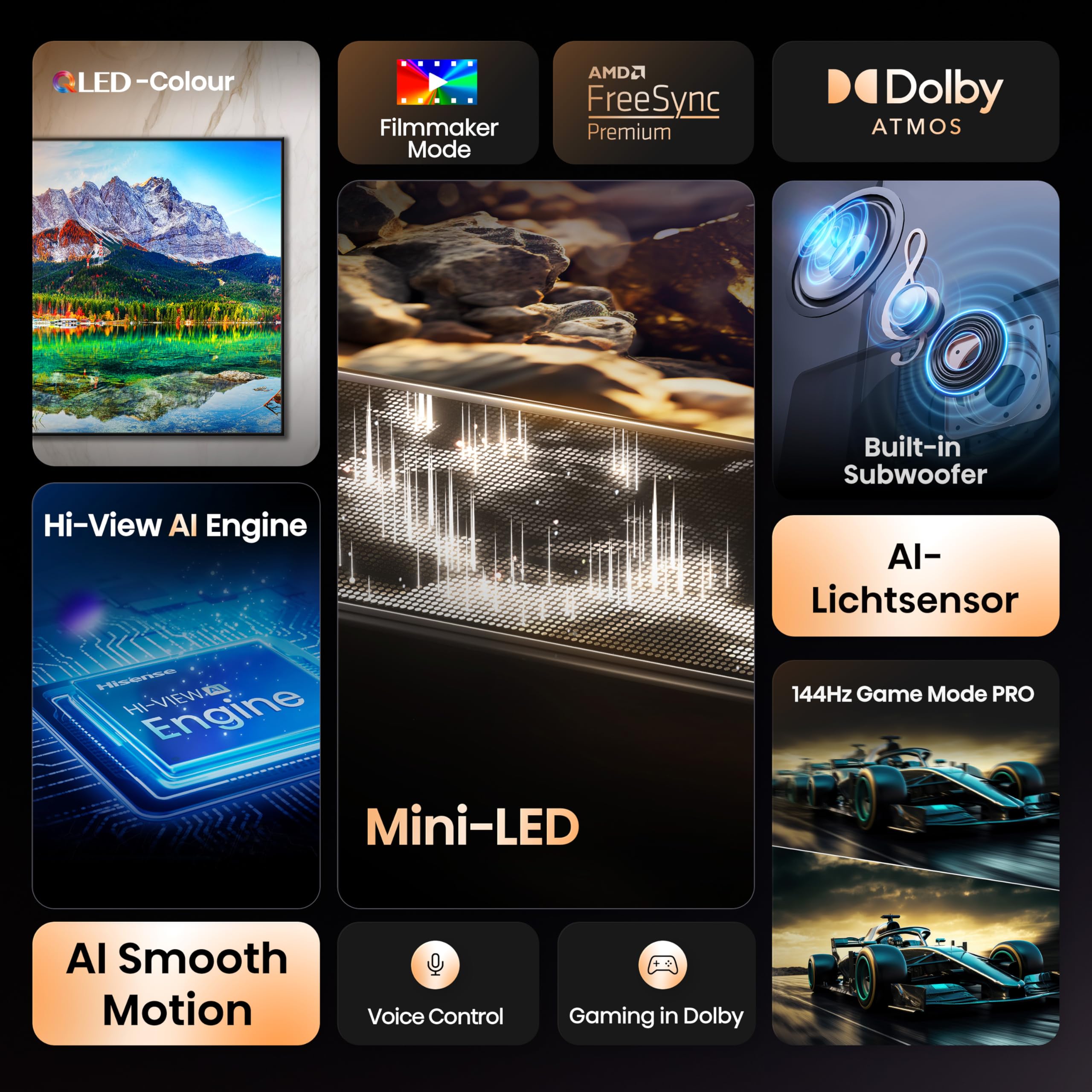 Hisense 55E89Q Fernseher, 55 Zoll (139cm), 4K ULED Mini LED, Smart TV, 144Hz Game Mode PRO, Hi-View AI Engine, AI Smoothmotion, Built-in Subwoofer, Dolby Vision.Atmos, Filmmaker Mode, Hi-Concerto 3