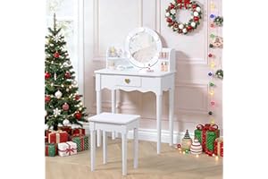 UTEX Kids Vanity, Girls Vanity Set with Mirror and Stool and Lights, Kids Vanity Table and Chair Set,Wooden Princess Makeup Desk Dressing Table, White
