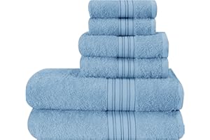 BOUTIQUO 6 Pack Cotton Towel Set, Contains 2 Bath Towels 28x55 inch, 2 Hand Towels 16x24 inch & 2 Wash Coths 12x12 inch, Ideal Everyday use, Ultra Soft Compact & Lightweight - Sky Blue