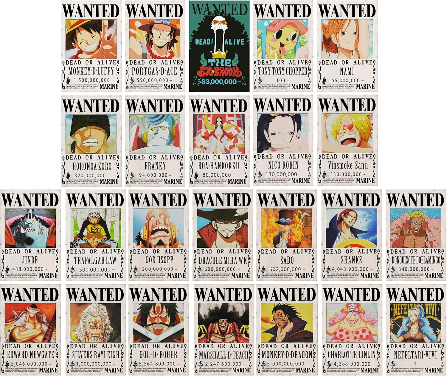 Wall Décor - Xiumui OP Pirate Anime Wanted Poster 28.5cm×19.5cm, New Edition, Zorro, Luffy, 1.5 billion, Set of 24