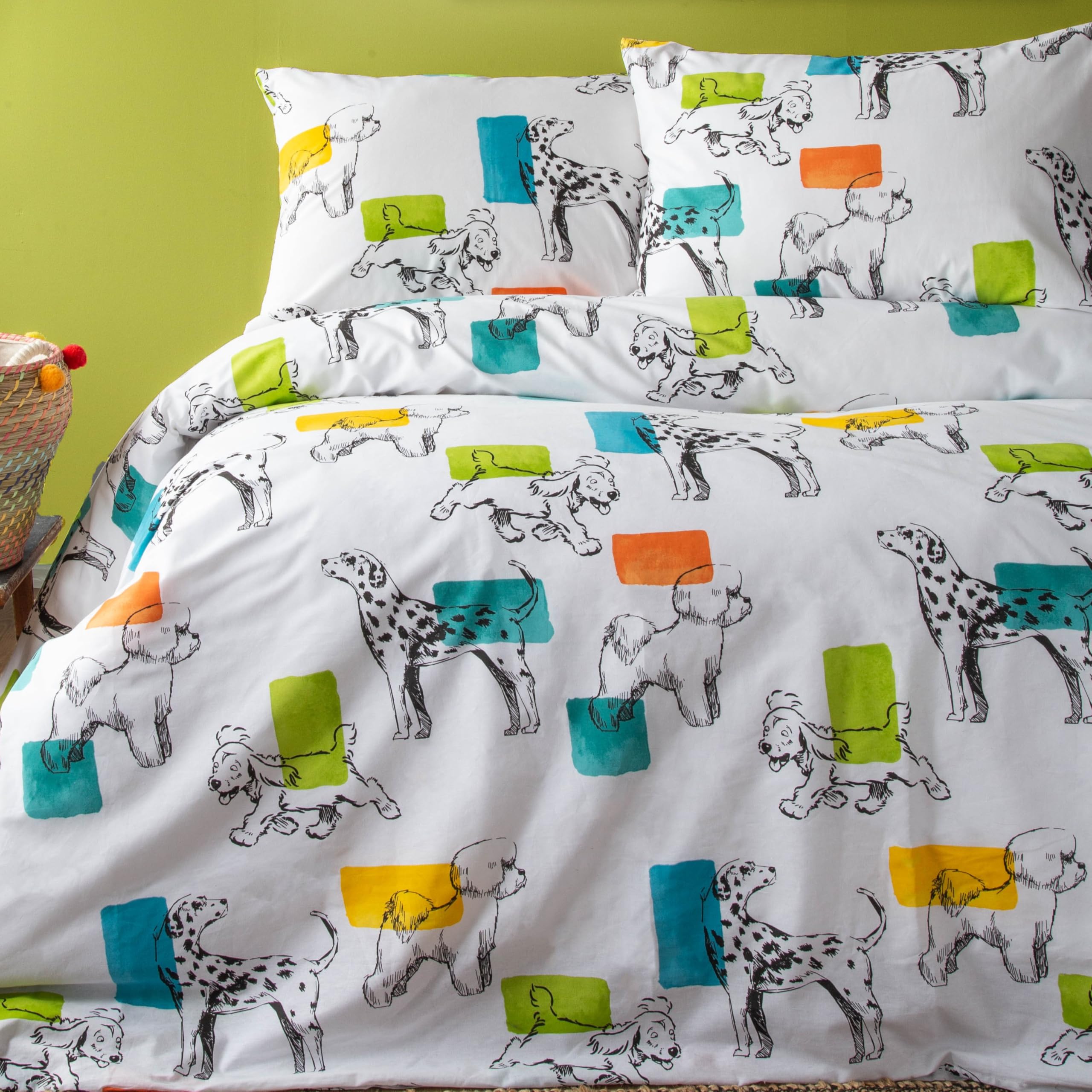 LERUUM Single Duvet Cover Set Cotton Colourful Geometric Dog Print Kids Bedding Boys Girls Cot Bed Duvet Cover Set White