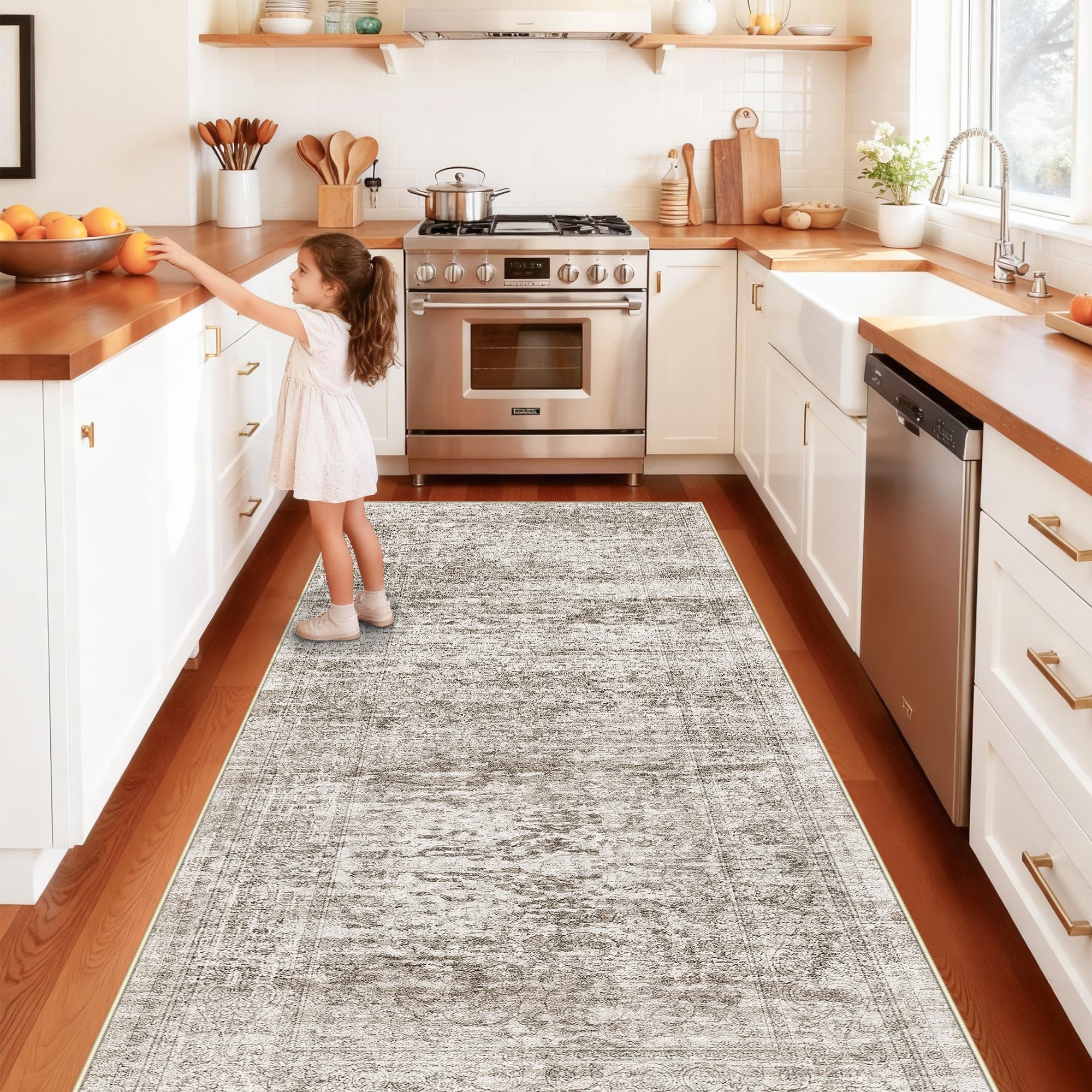 4x10 Wide Hallway Runner Rug: Washable 10ft Runners for Living Room Bedroom Kitchen - Stain Resistant Non Slip Soft Low Pile Vintage Floral Carpet (Brown/Beige, 4X10) Image