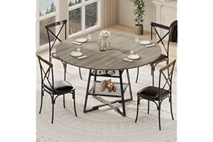 Garvee Dining Room Round Table for 4-6, Grey Round Kitchen Table with Black Metal Base & 2-Tier Storage Shelves for Kitchen D