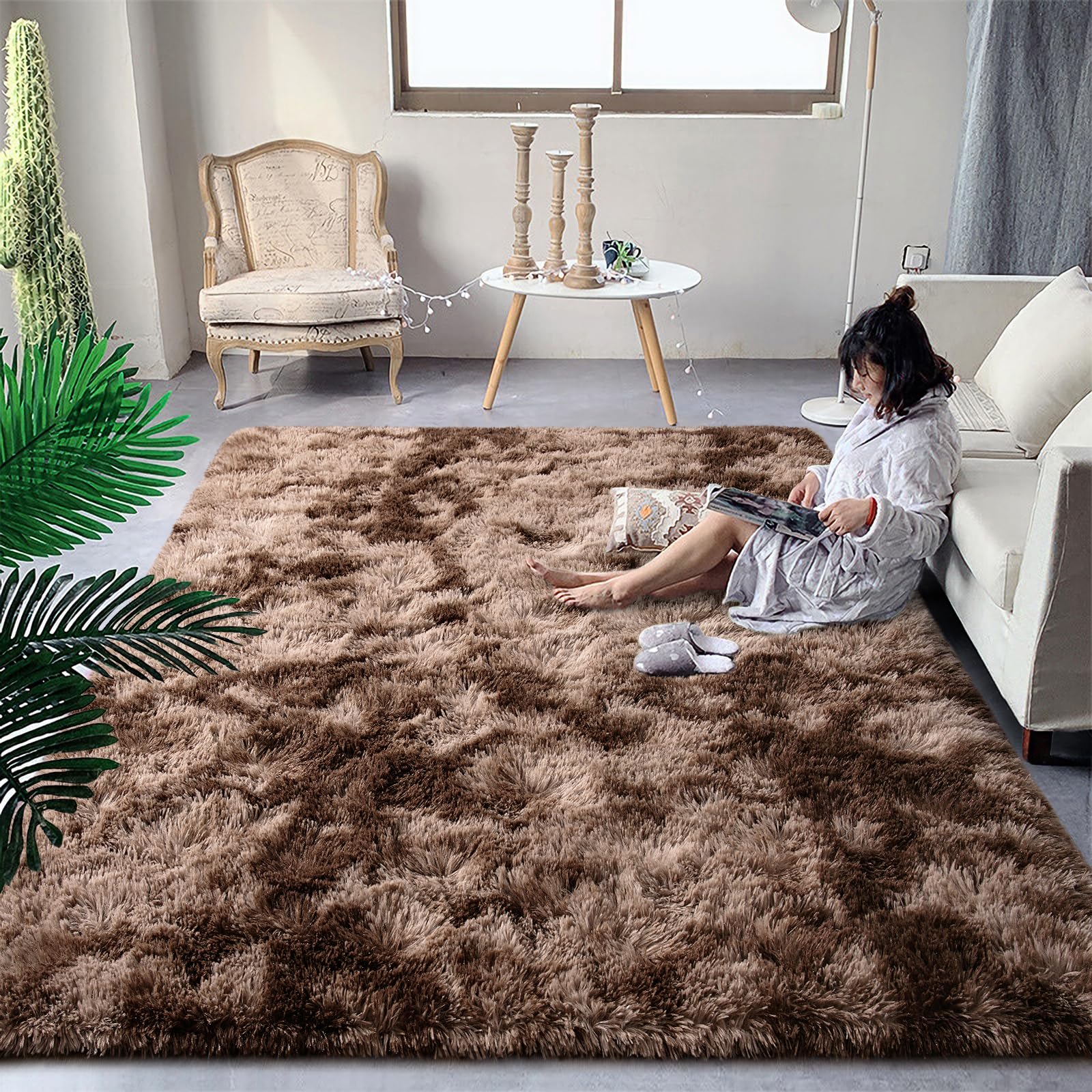 Photo 1 of DweIke Fluffy Brown Rugs for Bedroom Living Room, 8x10 Large Soft Plush Shaggy Tie-Dyed Dark Coffee Girls Boys Kids Rug, Upgraded Non-Slip and Machine Washable Carpet for Dorm Nursery Decor