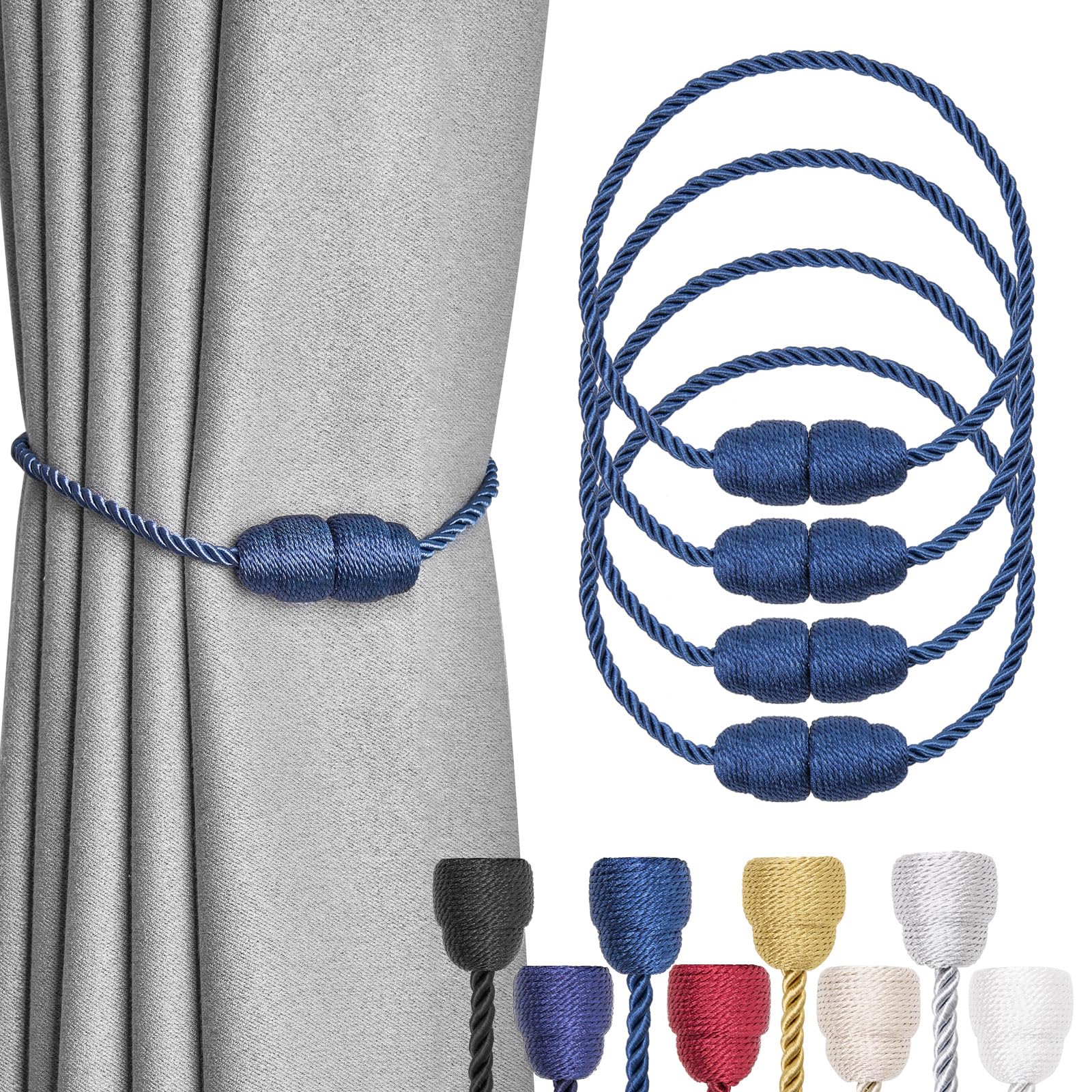 Pretty Jolly 4 Pack Strong Magnetic Curtain Tiebacks - Handmade Weave Side Rope Curtain Holdbacks - Unique & Elegant Decorative Tie Backs for Home & Office Window Drapery (Navy)