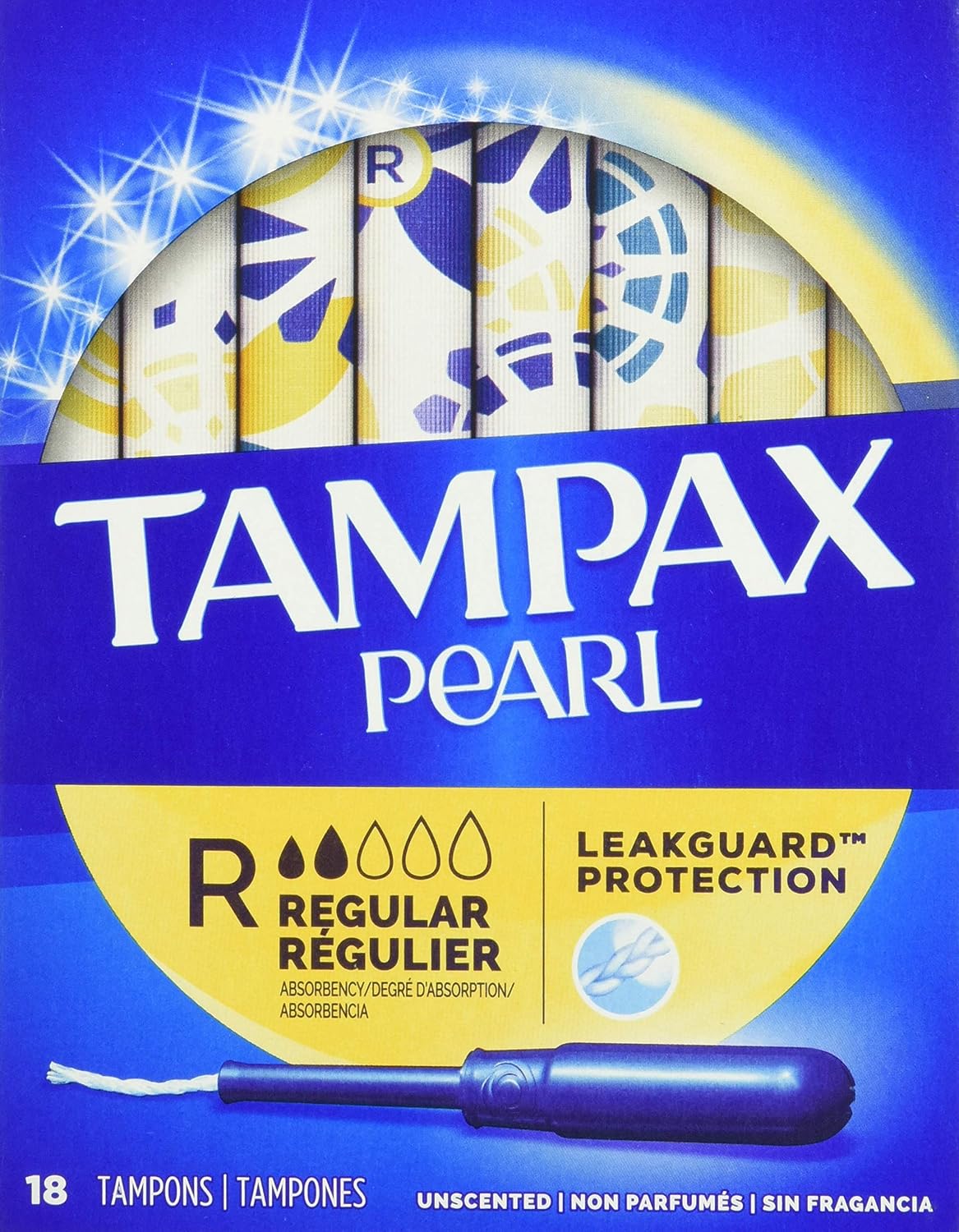 Tampax Pearl Plastic Tampons, Regular Absorbency, Unscented, 18 Count, Blue, 18 Count (Pack of 1)