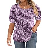 Ficerd Women's Plus Size Puff Short Sleeve Tunic Tops Crew Neck Pleated Blouses Summer Casual T Shirt Blouse 1X-5X
