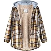 Veusna Women's Plaid Flannel Plaid Shacket Button Up Hooded Long Sleeve Fleece Jacket Winter Coat with Side Pockets