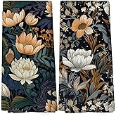 XPH Retro Boho Floral Decor Kitchen Dish Towels Set of 2, Vintage Bohemian Flower Decor for Kitchen Bathroom, Botanical Black Landscape Hand Towels Tea Towels Farmhouse Decorations, 16x24inch