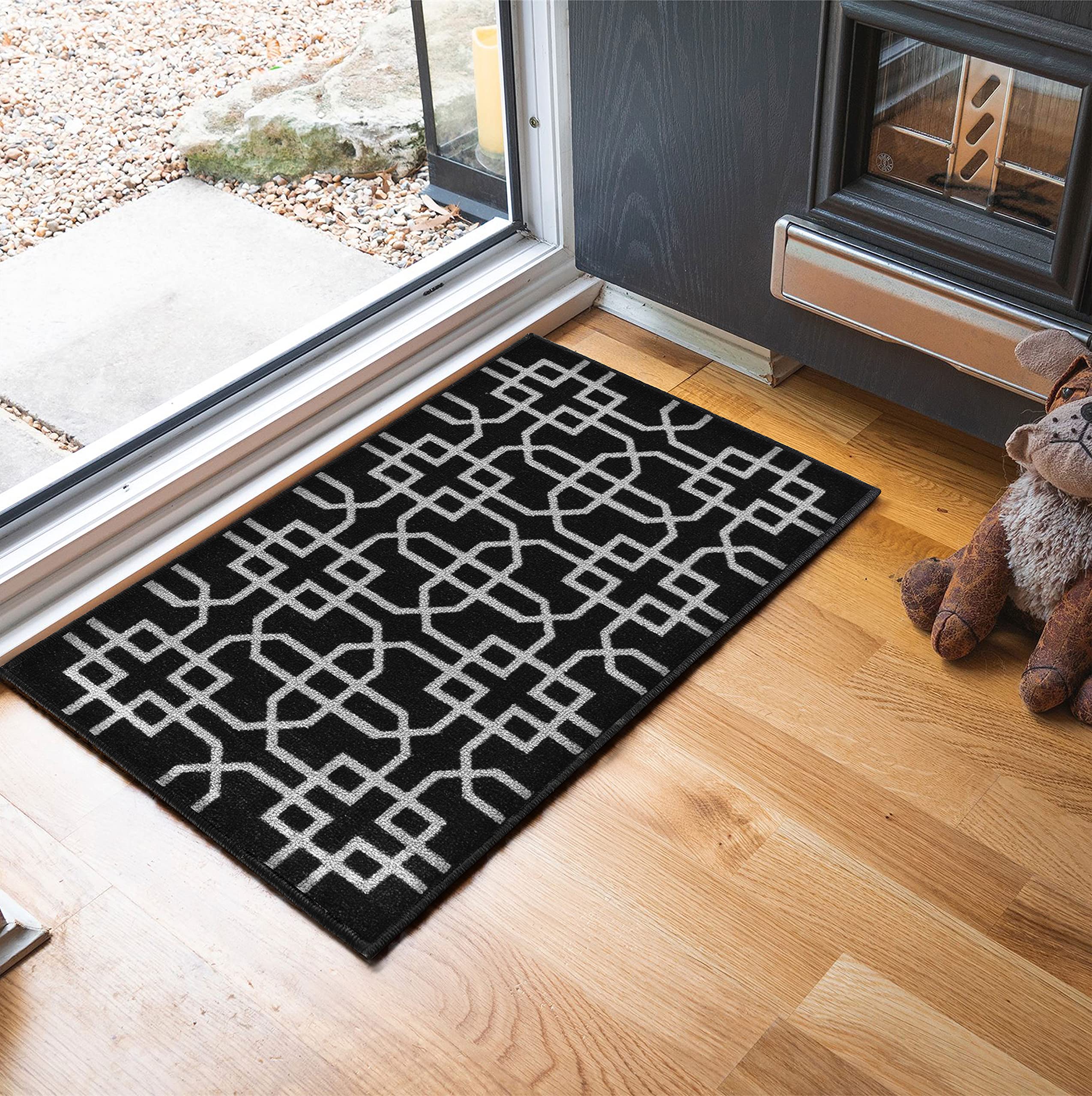 Washable Door Mat Kitchen Mats Non Slip Cubed Trellis Design Hall Runner- Indoor Door Mat - Hallway-Passage Corridor Doormats - Floor Mat Black-siam 40x60 cm