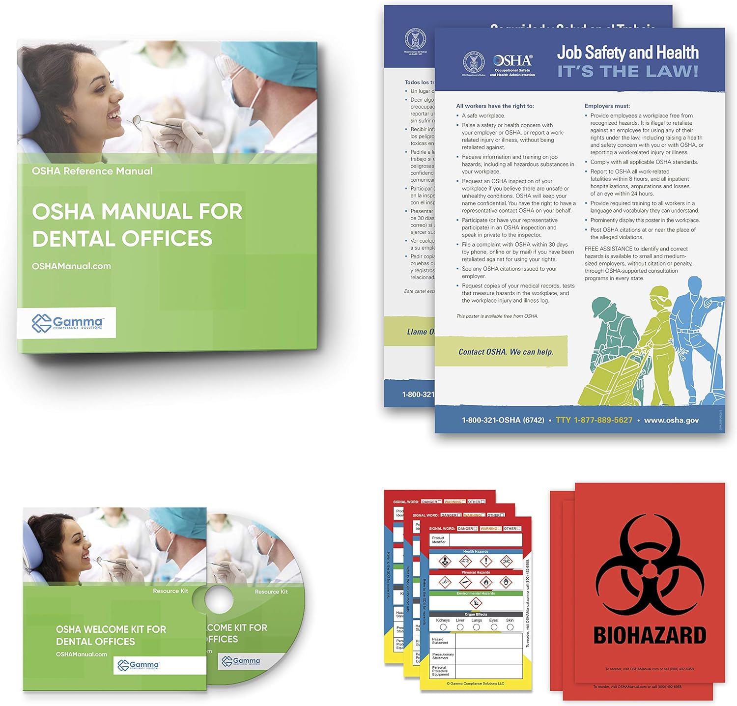 2020 OSHA Manual for Dental Offices Including Regulations and Standards Manual (hardcopy) + Safety Policies and Forms (CD) + Training Outline and Test + Resource CD + Posters + Labels