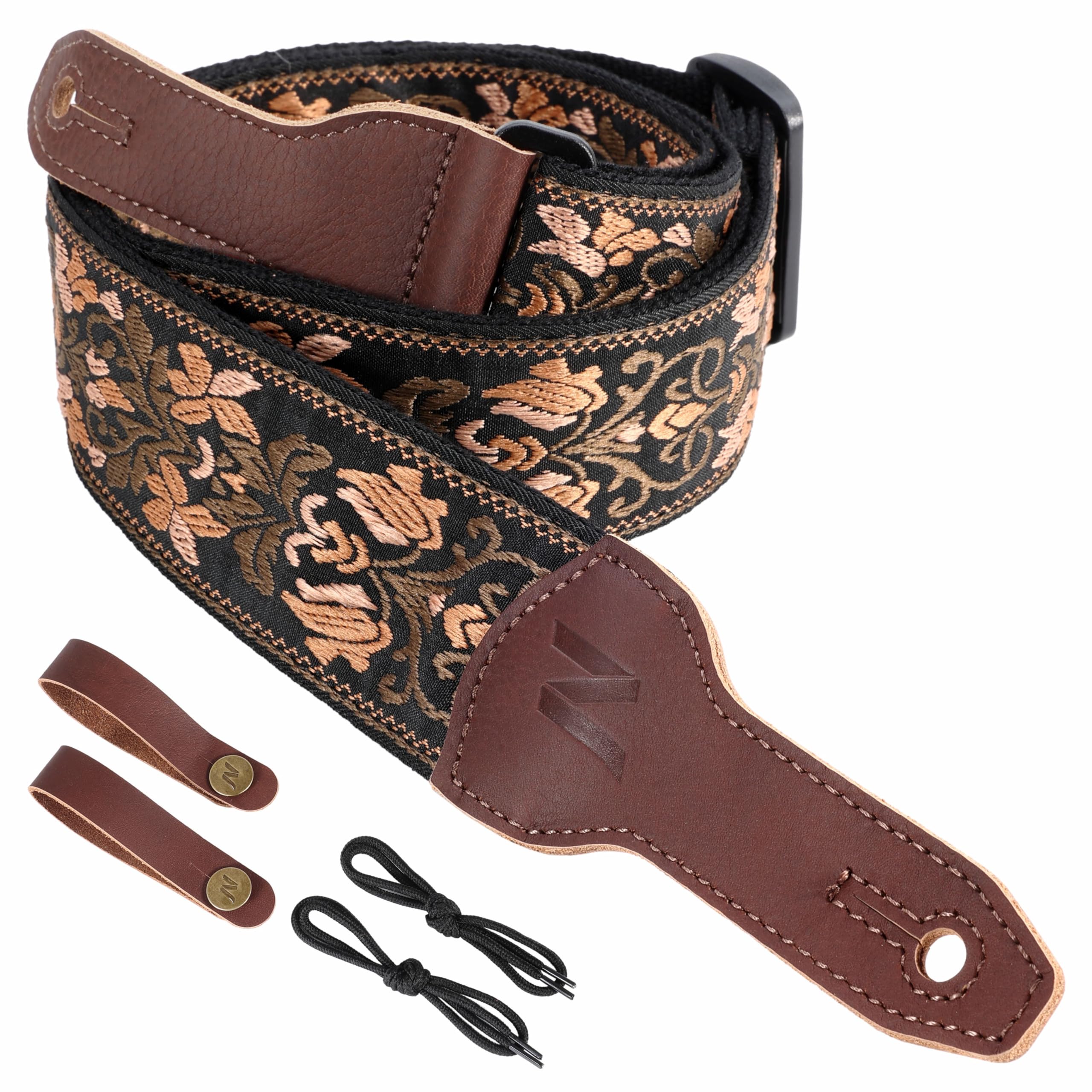 Nefelibata Banjo Strap, 2"Wide Full Grain Cowhide Guitar Strap Adjustable Replacement,Multi-pattern Guitar Strap With Headstock Rope and Leather Headband(Gold Flower Embroidery)