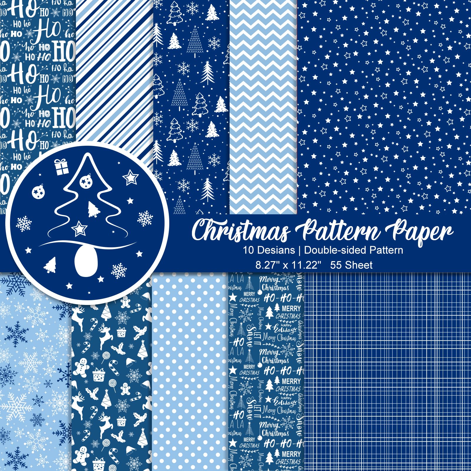Morcheiong 55 Sheets Merry Christmas Pattern Paper Set Decorative Paper for Card Making Scrapbook Photo Album Decor, 10 Designs (Blue, 8.27*11.22 inches)