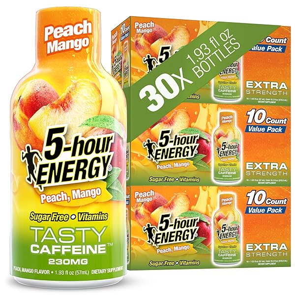 5-HOUR ENERGY PEACH MANGO FLAVOR, 30 COUNT, 1.93 FL OZ ENERGY SHOT, EXTRA STRENGTH, AMINO ACIDS, B VITAMINS, SUGAR FREE AND ZERO CALORIES