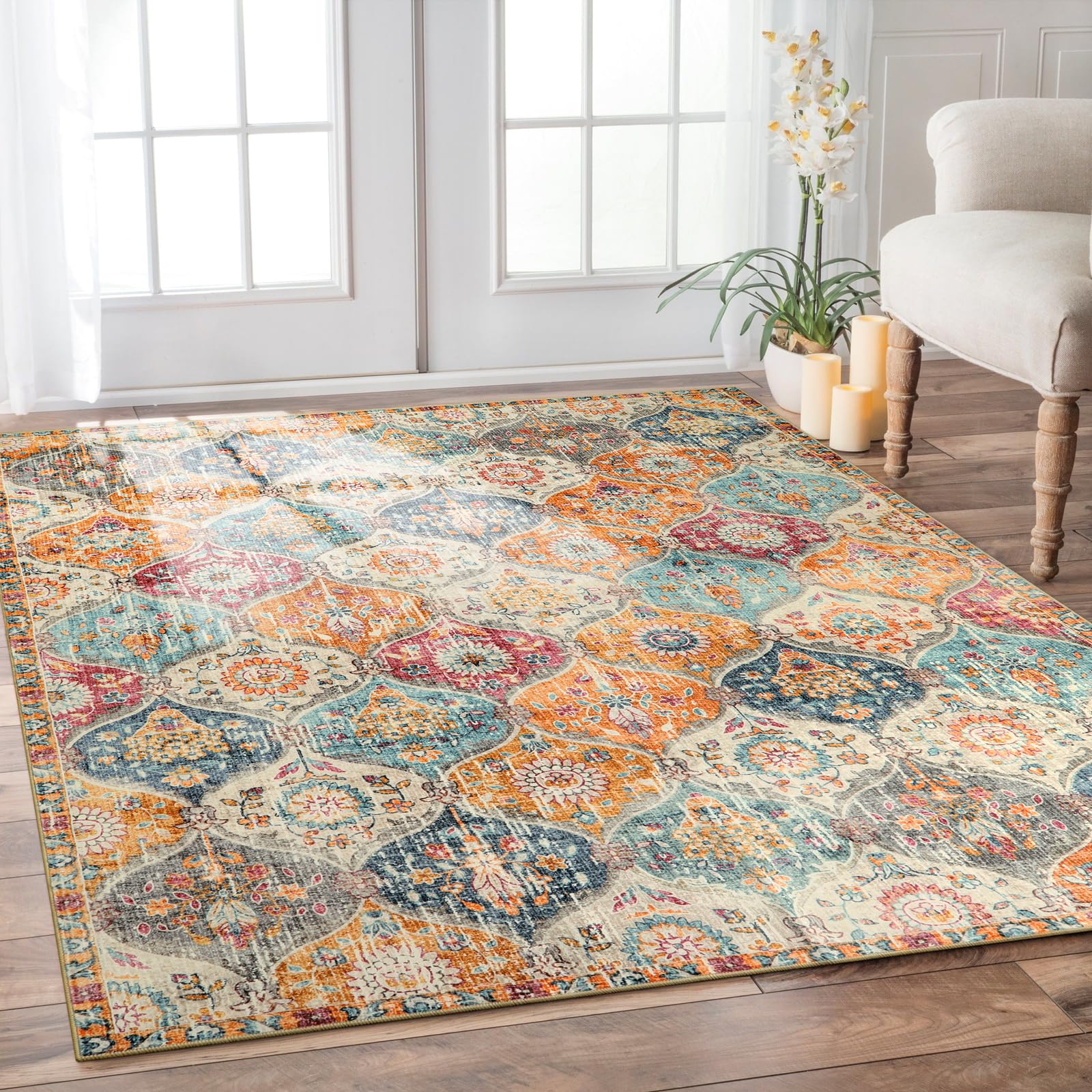 Photo 1 of Lahome Moroccan 6x9 Rugs for Living Room, Soft Washable 6x9 Area Rug for Bedroom, Ultra-Thin Oriental Trellis Distressed Non Shedding Throw Large Carpet for Dining Room Office, Cream/Multi