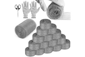 UZLU Steel Wool Mice Control, 12 Pack 3.2" x120 FT Steel Wool & 5" x30 FT Stainless Mesh Gap Filler, Mouse Hole Filler DIY Kit, Rodent Barrier Kit for House Garden Pipeline, Polishing Chrome, Glass