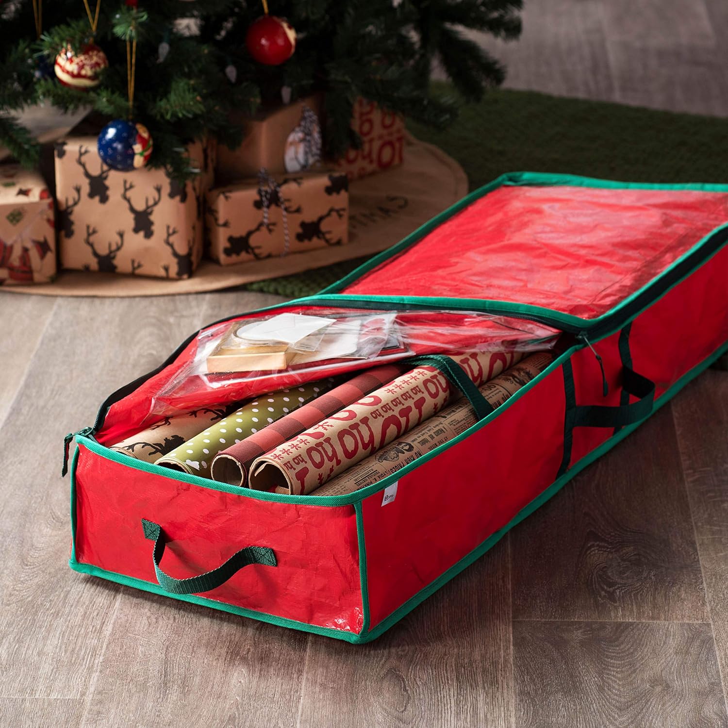 ZOBER Underbed Gift Wrap Organizer, Interior Pockets, fits 18-24 Standard Rolls, Underbed Storage, Wrapping Paper Storage Box and Holiday Accessories, 40” Long - Tear Proof Fabric: Home & Kitchen
