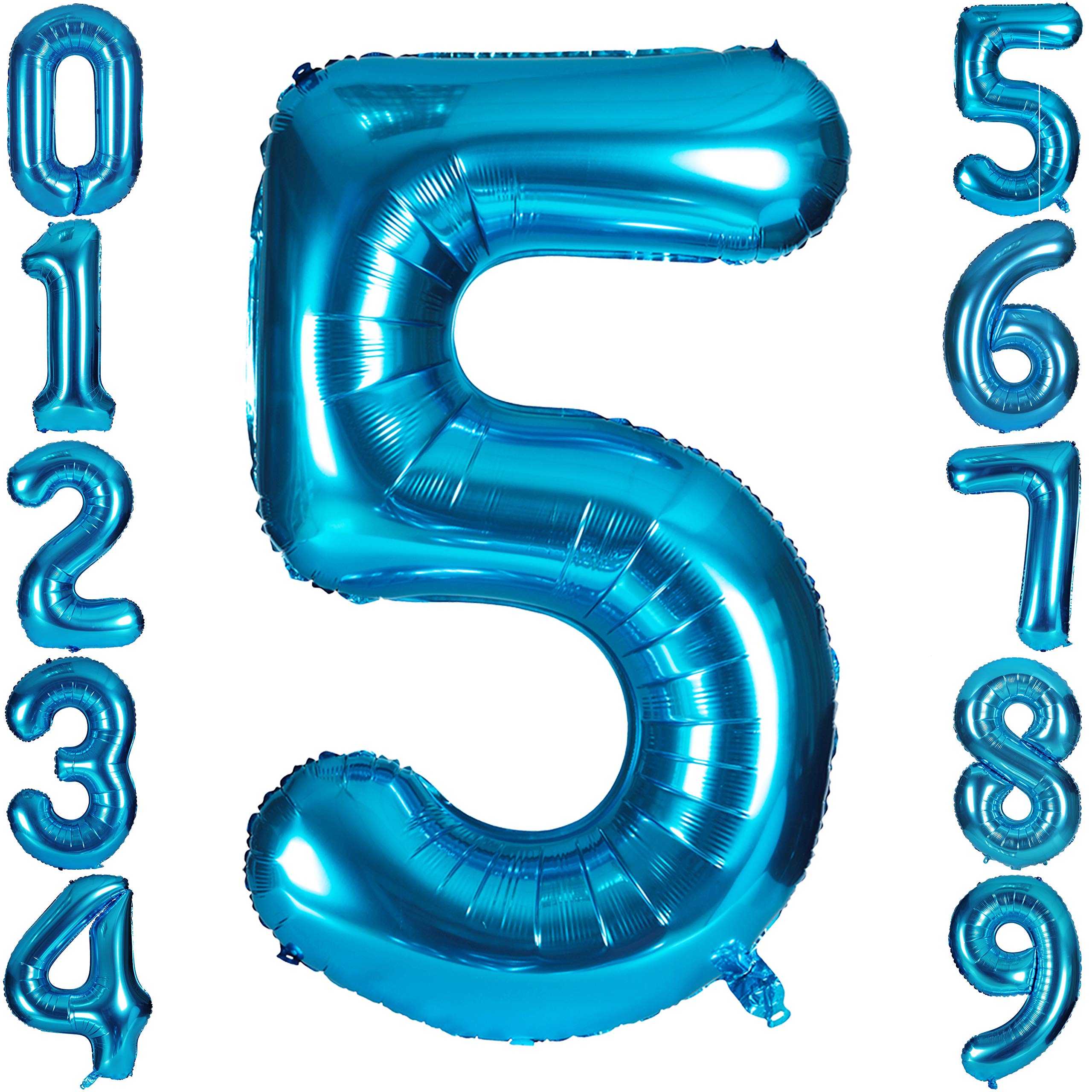 Blue 5 balloon 40 Inch Blue Number Large Balloons Mylar Foil Big Digital 0 1 2 3 4 5 6 7 8 9 Giant Helium Balloon Birthday Party Decoration （Blue No.5）