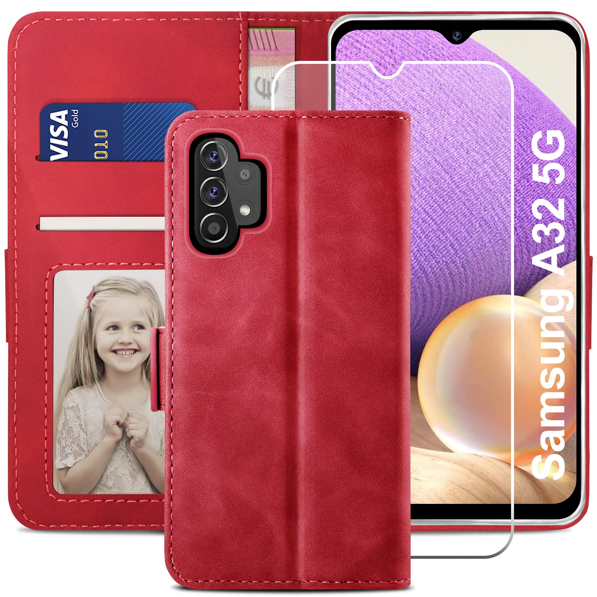 YATWIN Compatible with Samsung Galaxy A32 5G Case, Flip Wallet Leather Case with Tempered Glass Screen Protector and Card Slot Kickstand Phone Cases Cover for Samsung A32 5G - Red