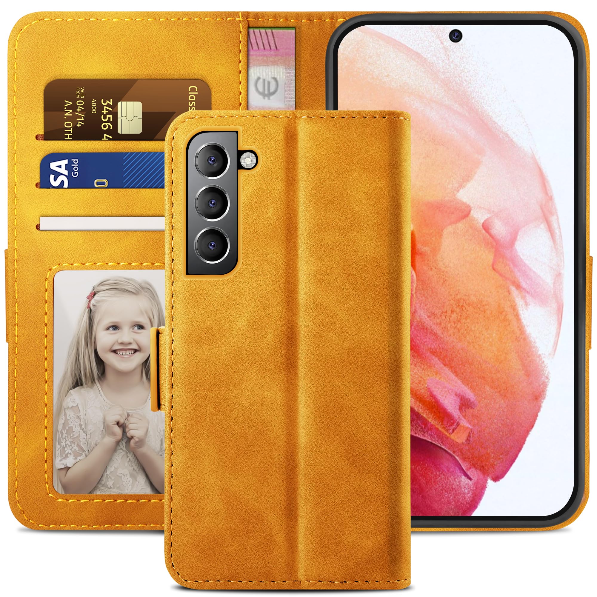 YATWIN Compatible with Samsung Galaxy S21 Case, Flip Wallet Leather Case with Card Slot and Shockproof Function Kickstand Phone Cases Cover for Samsung S21 - Orange